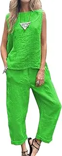 [HanzhuoLG] Women's Fashion Cotton Linen Tracksuit Set Summer Solid Color Casual Loose Sleeveless Vest & Pants Two Piece Set Green Large
