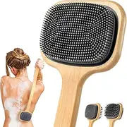 NURENDER Back Scrubber for Shower, 21.65'' Long Handle Double-Sided Silicone Shower Brush, Bamboo Body Exfoliator for Bath/Dry Brush/Massage/Back Scratching, Gift for Elderly