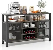 Giantex Wine Bar Cabinet, 55-Inch Buffet Sideboard with Wine Racks & Wine Glass Holders, Coffee Station Cabinet with Metal Mesh Doors, for Kitchen, Dining Room (Gray + Black)