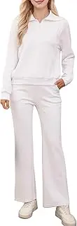 [MAYROUND] Leisure Suit Women's Lounge Set Ribbed Loungewear Set Outfit Suit Women's Set Tracksuit Two Piece Clothes, Irovy White, Large