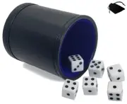 6 White Dice Squared Corners w/Pouch +Black PU Leather Dice Cup Blue Felt Lining