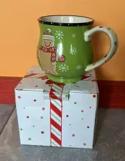 Temptations by Tara Winter Whimsy Gingerbread Man Green Holiday Mug Cup 14oz NIB