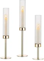 Gold Hurricane Candle Holders, Set of 3 for Glass Windproof Candlestick Holders,Tall Taper Candle Sticks Holder Decor for Home Decor, Wedding, Dinning, Party Decorative, Anniversary,Valentine (3 Pcs)