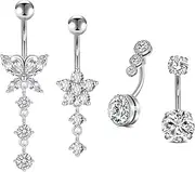 [Incaton] 4PCS Belly Button Rings, Diamond Shine Belly Rings For Women, Cute Dangle Belly Button Rings With Butterfly Flower CZ, Stainless Steel Navel Piercing Pack With Gift Velvet Pouch