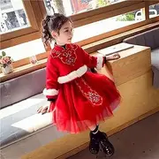 [JIMINISO] Chinese New Year Clothing Warm Chinese Tang Suit Winter Plus Velvet Cute Embroidery Party Dress