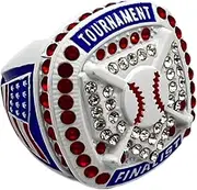 Discount Sports Rings HOME PLATE FINALIST RING — WHITE BODY, RED STONES, BLUE SIDES, NATIONAL Premium Softball Baseball Ring/Player/Team Awards/Tournament Ring 10-9, Non-Precious Metal, Quartzite