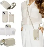 iPhone 14 Plus, Leather Detachable Adjustable Strap Shockproof Kickstand Case