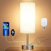 AnnuoYi Bedside Table Lamp, Bedside Light with USB-C USB-A Charging Port, 3-Way Dimmable Control Small Light Fabric Shading Silver Base, Suitable for Living Rooms、 Dormitories、 and Home Offices