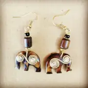 Elephant Shape Brown Bone & Gold Wire & Bead Earrings Hand-carved African