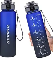 GEMFUL 1L Leak Proof Water Bottle with Straw & Time Marker BPA Free Tritan, Motivational Gradient Design for Gym Fitness & Sports (Blue Black)