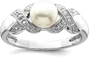 [JewelryWeb] 925 Sterling Silver Polished Rhodium 6mm Freshwater Cultured Cult Button Pearl and Diamond Ring Band Style-Ring for Women