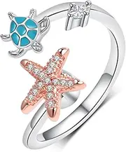 [MDFUN] Anxiety Fidget Spinner Ring for Relief Stress Open Adjustable Turtle Starfish Star Ocean Theme Ring Women Jewelry, Brass, Cubic Zirconia