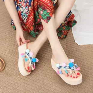 泰國度假涼拖鞋女夏季波西米亞民族風人字拖女坡跟厚底海邊沙灘鞋『潮流世家』