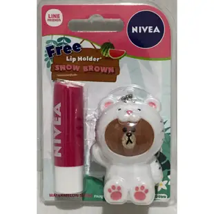 【流行精品館】泰國7-11 NIVEA 妮維雅【Line Friends熊大西瓜味護唇膏+熊大變裝貓公仔收納吊飾】全新逸