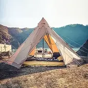 Outdoor Portable Cotton Canvas 5-8 Person 3 Seasons Bell Teepee Tent with Stove Hole Double Door Spire Tent Pyramid Tents for Family Camping Interesting