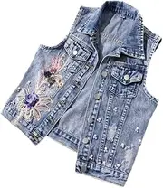 [OFFSUM] Women'S Denim Vest - Single Breasted Embroidered Sleeveless Casual Waistcoat Beading Sequin Plus Size Spring Summer Solid Color Clothing
