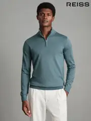 Reiss Ocean Green Blackhall Merino Wool Half-Zip Funnel Neck Jumper (549519) | $195