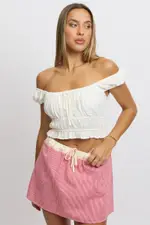 White Ruched Top Short Sleeve Linen Blend - Size 12, Women's Crop Top