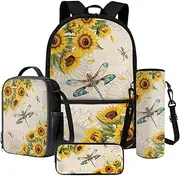 [LACIYISON] 17 Inches Backpack Set with Lunch Bag Insulated Lightweight Satchel with Pencil Pouch and Water Bottle Carrier Bag, Sunflower Dragonfly, One Size, Schoolbag Set