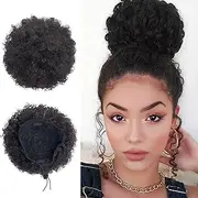 YUESUO Natural Ponytail for Women Synthetic Short Afro Bun Extension Hairpieces Drawstring Ponytail with Two Clips (Medium Brown #4)