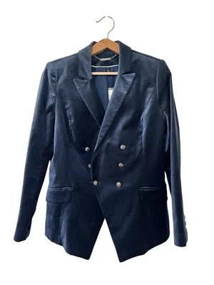 White House Black Market Velvet Notched Blazer Size 14 Navy Military Buttons