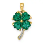 14K Yellow Gold Created Emerald and Real Diamond Four Leaf Clover Pendant