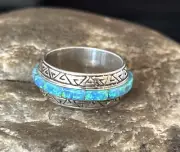Blue Opal Eternity Navajo Sterling Silver Inlay Band Ring Size 6 14546
