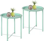 VECELO Side/End Table, Folding Round Metal Anti-Rust and Waterproof Outdoor or Indoor Tray for Living Room Bedroom Balcony and Office, 2 PCS, Light Green