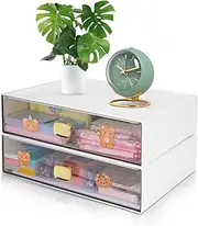 2 Desktop Organiszer Drawers, SHAIDOJIO Stackable A4 Paper Transparent Desk Storage Organiser and 100 Stickers, Plastic Desk Stationery Drawer on Top Desk, Makeup Drawers Storage Unit for Office