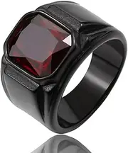 [TYMONT] Men's And Women's Square Gemstone Ring Stainless Steel Plating Inlaid Gemstone Ring Punk Rock Band Gothic Ring/Red/Black Gemstone