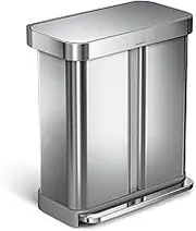 simplehuman 58 Liter Rectangular Hands-Free Dual Compartment Recycling Kitchen Step Rubbish Bin with Soft-Close Lid, Brushed Stainless Steel