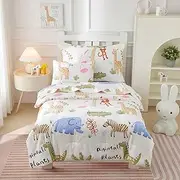 Mucalis 5 Pieces Toddler Bedding Set Jungle Animals Printed Toddler Comforter for Baby Boys Girls Cute Soft Crib Bed Sets Includes Comforter,Flat Sheet,Fitted Sheet and 2 Pillowcases