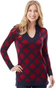 Mud Pie Laney Women's Small Brick Red Navy Blue Diamond Sweater Tunic