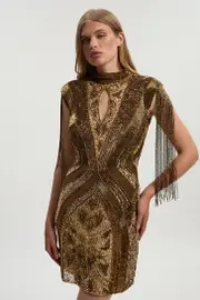 Petite Embellished Beaded Cap Sleeve Woven Mini Dress