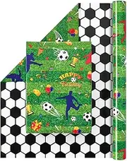 WERNNSAI Soccer Wrapping Paper Roll - 1 Roll 17”x 33 ft Happy Birthday Wrapping Paper Roll Reversible Sports Soccer Print Design Gift Wrap Paper Boys Wrapping Paper Bday Party Favor