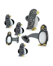 Jan Leslie Penguin Sterling Silver, Mother Of Pearl & Marcasite Stud & Cufflink Set