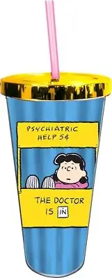 Peanuts Lucy and Psychiatric Booth 16 oz Foil Travel Cup with Straw NEW UNUSED