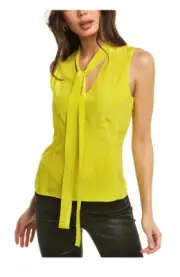 THEORY-SEAMED SANDWASHED SILK TOP-BRIGHT LIME-SELF TIE NECK-HIDDEN SIDE ZIP-P