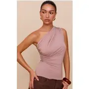 Mushroom Soft Cotton Asymmetric One Shoulder Long Top, Mushroom
