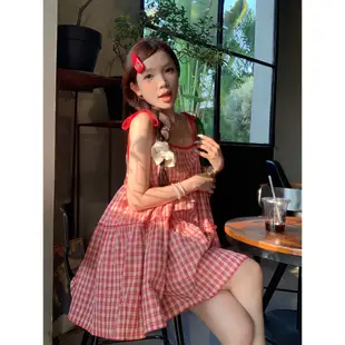 韓版休閒時尚紅色格子吊帶洋裝女裝寬鬆顯瘦學院風無袖A字洋裝
