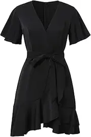 [Generic] Women's Short Sleeve V Neck Tie Belt Ruffle Hem Flowy Swing Mini Short Wrap Dress