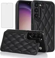 [Asuwish] Phone Case for Samsung Galaxy S23 5G Wallet Cover with Tempered Glass Screen Protector and Leather RFID Card Holder Stand Cell Accessories S 23 23S GS23 G5 SM-S911U 6.1 inch Women Men Black