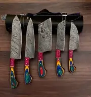 Handmade Damascus 5 Pc Chef Knife Set, Peecock Knife Set, Chef Set