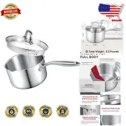 Brushed Stainless Steel 2.5 QT Saucepan with Heat-Resistant Handle & Strainer
