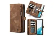 CaseMe For Samsung Galaxy S22 Zipper & Detachable Retro Leather Pouch Wallet Flip Purse Bag Detachable Phone Case Cover (Brown)