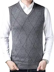 [SWJGLITTR] Men's Sweater V Neck Tank Slim Fit Cable Knitted Sleeveless Pullover Wool Blended Knitwear Loose Fit Vest, Grey, Large