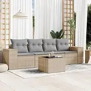 5 Piece Beige Poly Rattan Garden Sofa Set with Cushions – Modular Outdoor Patio Furniture for Balcony or Porch, UV-Resistant Design Including Chairs, Table, & Storage Function