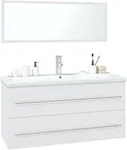 'vidaXL Modern White Bathroom Furniture Set - Engineered Wood Sink Cabinet with Drawer, Built-in Basin, Wall-Mountable Storage Unit and Acrylic Mirror