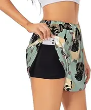 [WURTON] Cute Chihuahua Pug Pattern Print Exercise Gym Workout Shorts Women's Athletic Shorts Dual-Layered Yoga Running Shorts
