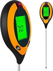 4-in-1 Digital Soil Tester, pH Moisture Temperature Light Meter, LCD Display, Black and Orange